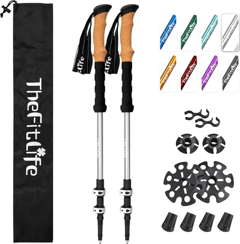 Vista 11 de TheFitLife Bastones de senderismo para senderismo y caminar, aluminio ligero 7075 con bloqueo de metal y agarre de corcho natural, bastones