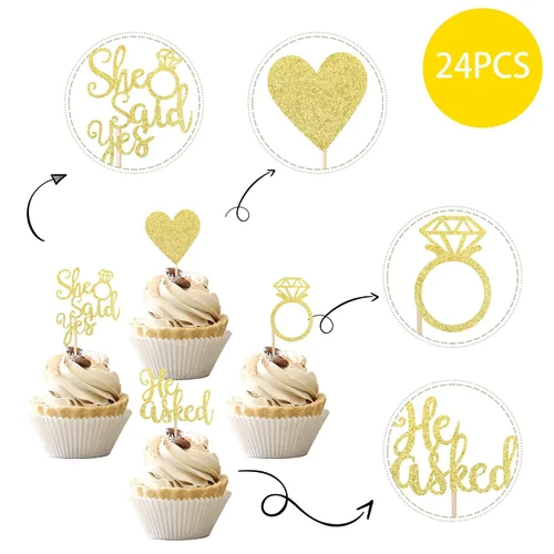 Vista 3 de 24 piezas de adornos para cupcakes con anillo de corazón con purpurina para despedida de soltera, boda, compromiso, despedida de soltera, despedida