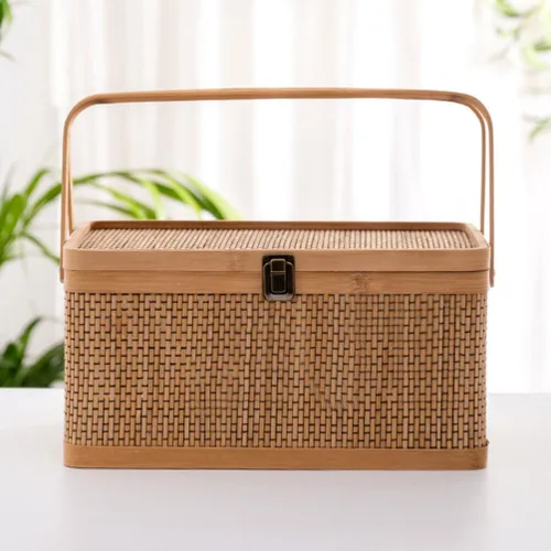 Vista 3 de Alipis Cesta de bambú con tapa, cesta de picnic de bambú con tapa y asa, cesta de almacenamiento tejida, cesta de pan de frutas, organizador