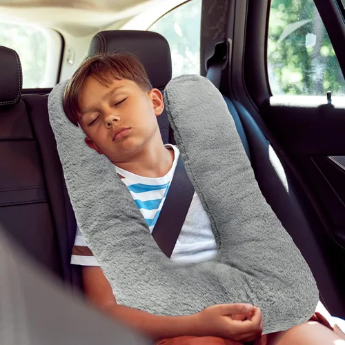 Vista 6 de Hoteam 2 almohadas de viaje para automóvil para dormir en forma de U para el asiento trasero, adultos y niños, soporte para cabeza y cuerpo, Gris