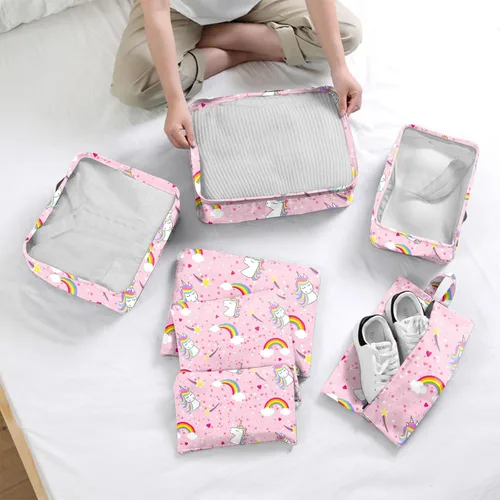 Vista 7 de BHAHB Juego de 7 cubos de embalaje para niños, organizadores de equipaje de viaje para maleta, accesorios de viaje con bolsa de zapatos para niños