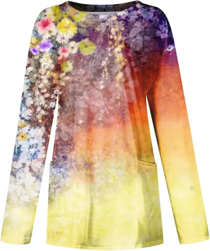 Vista 3 de RMXEi Camisetas elegantes de cuello redondo para mujer, manga larga, para otoño 2023, blusas con bolsillo