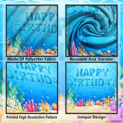 Vista 3 de Cartel de feliz cumpleaños bajo el mar, telón de fondo de animales del océano bajo el mar, decoración temática para niños y niñas, fiesta de primer