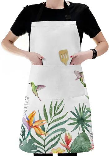 Vista 6 de Pastoral Botanical Bib Aprons with Pockets Waterproof, Adjustable Apron for Men Women Summer Tropical Palm Leaves Birds