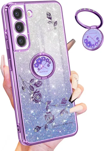 Vista 10 de Funda 3 en 1 para teléfono Samsung Galaxy A03S con purpurina brillante para mujeres y niñas, cubierta brillante con bonito diseño floral de flores