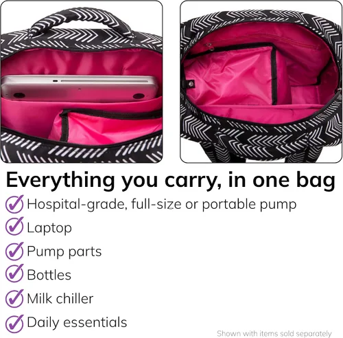 Vista 4 de Bolsa Kelly con extractor de leche Sarah Wells, color blanco y negro Fits All Pumps, Hospital-Grade Pumps, XL Insulated Pocket, Laptop Sleeve