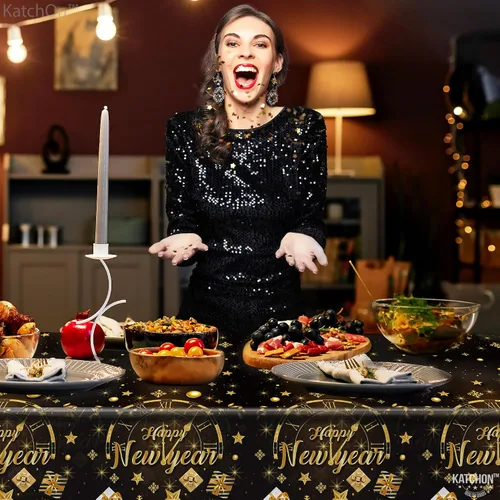 Vista 4 de KatchOn, Mantel de Feliz Año Nuevo – 108 x 54 pulgadas, paquete de 3 Decoraciones de Feliz Año Nuevo 2026 Mantel de Feliz Año Nuevo 2026