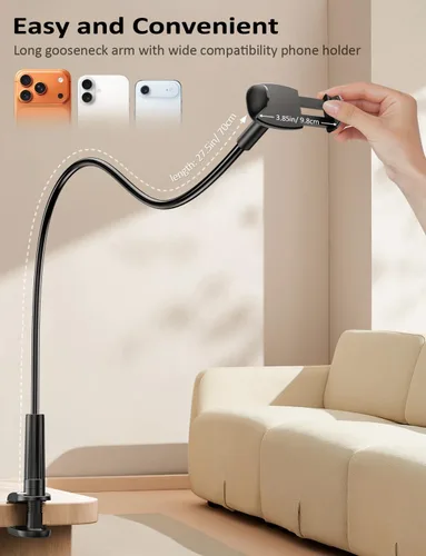 Vista 6 de Tryone Soporte para teléfono con cuello de cisne para cama, brazo flexible, ajustable, abrazadera de montaje para teléfonos celulares en el Negro