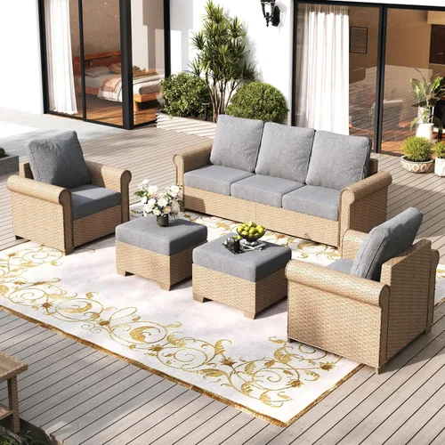 Vista 15 de SUNSHINE VALLEY - Juego de conversación de mimbre para patio de 4 piezas con mesa auxiliar Beige