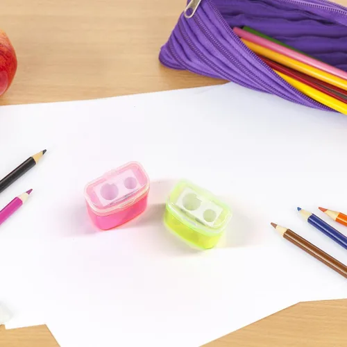 Vista 9 de ForTomorrow Sacapuntas manuales para niños, paquete de 8 sacapuntas pequeños de mano de doble agujero con tapa para escuela, aula, oficina en casa