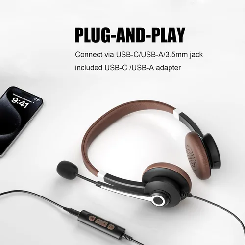 Vista 2 de Arama - Auriculares USB con micrófono para PC, USB-C/A y conector de 0.138 in Noise-canceling mic, Plug-and-play,Comfortable lightweight design