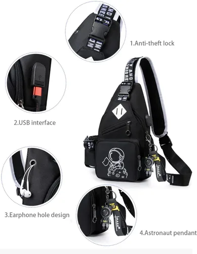 Vista 4 de Mochila bandolera para hombre, moda de anime, bolso de un solo hombro, mochila con patrón luminoso de dibujos animados, Marte (Mars), Bolso de hombro