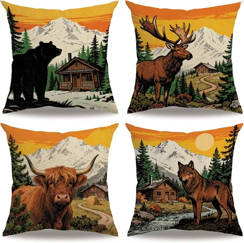 Vista 9 de Juego de 4 fundas de almohada rústicas de vida silvestre de 18 x 18 pulgadas, fundas de almohada decorativas de alce, oso, lobo, cabaña, fundas