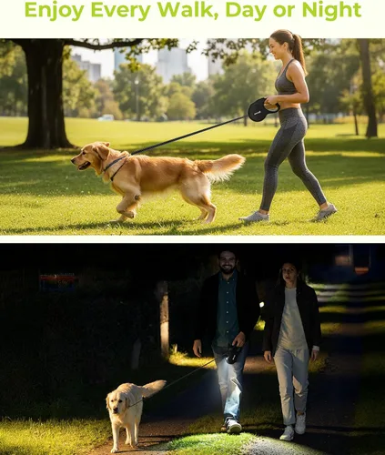 Vista 8 de Pecute Correa retráctil para perro con linterna, correa retráctil resistente de 26 pies para mascotas con luz, control de un botón, protección