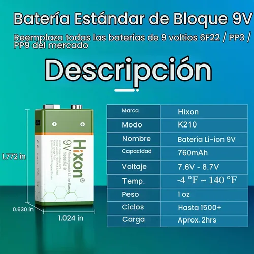 Vista 2 de Hixon Baterías de litio recargables USB de 9 V, baterías de iones de litio de larga duración de 760 mAh de 9 voltios con cable de carga tipo C