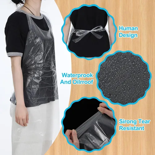 Vista 3 de Paquete de 200 delantales de plástico desechables para adultos, grandes batas de pintura transparente para adultos, cocina, manualidades, fiestas