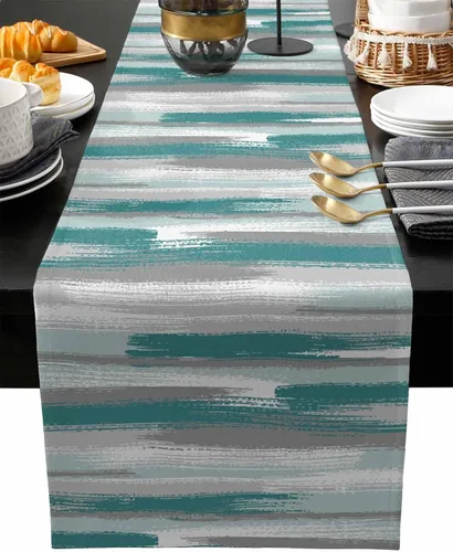 Vista 13 de Zigzi - Bufandas de mesa azules, textura de mármol a rayas grises de Zigzi, camino de mesa de comedor, decoración de mesa rectangular lavable