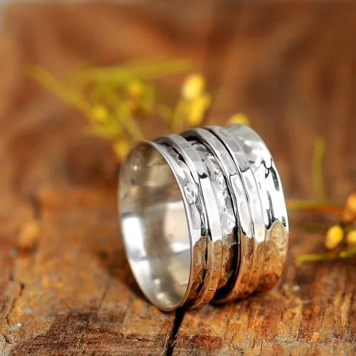 Vista 4 de Boho-Magic Anillo giratorio de plata de ley 925 para mujer, 3 anillos antiansiedad, banda ancha martillada