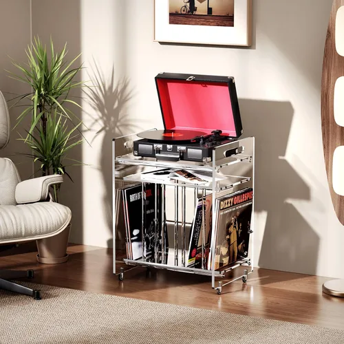 Vista 4 de Soporte de acrílico para tocadiscos con estante de almacenamiento, soporte para tocadiscos de vinilo transparente, mesa auxiliar de 3 niveles