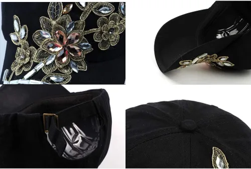 Vista 6 de Gudessly Bling - Gorra de béisbol para mujer, diseño de flores, con diamantes de imitación, ajustable, de mezclilla