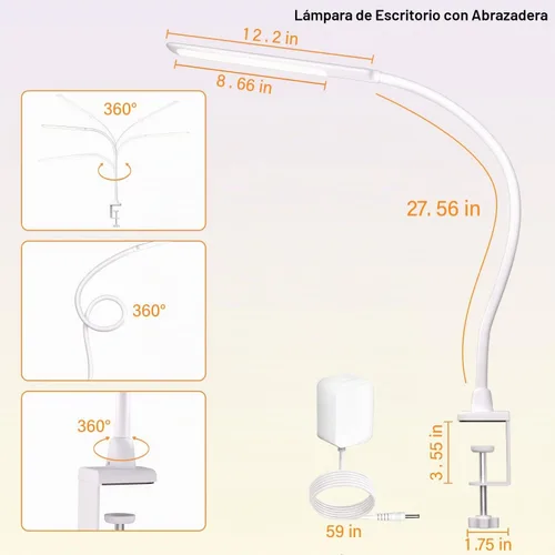Vista 7 de Lámpara de escritorio LED con abrazadera, lámparas de cuello de cisne de 10 W, control táctil, lámpara de abrazadera de brazo oscilante, lámpara