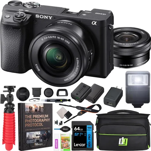Vista 14 de Sony a6400 - Paquete de cámara sin espejo con lente de 16-50 mm, tarjeta de memoria de 64 GB, suite de edición de fotos y videos, bolsa para cámara