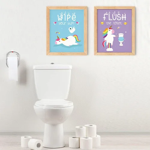 Vista 3 de Divertida decoración de baño de unicornio, bonitas pinturas de regalo para niños, cepillo de lavado, unicornio arco iris para niñas, impresiones