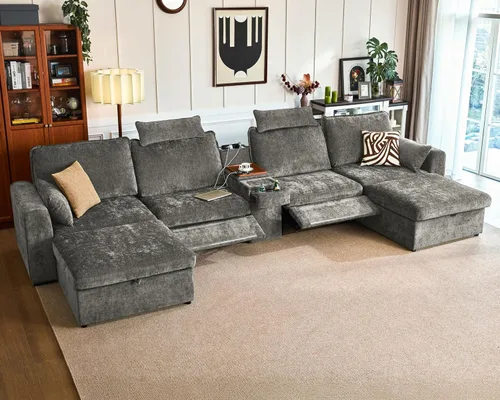 Vista 25 de Sofá reclinable eléctrico de 102.8 pulgadas con reposacabezas, sofá reclinable modular Cloud de gran tamaño con mesa, cajón de almacenamiento