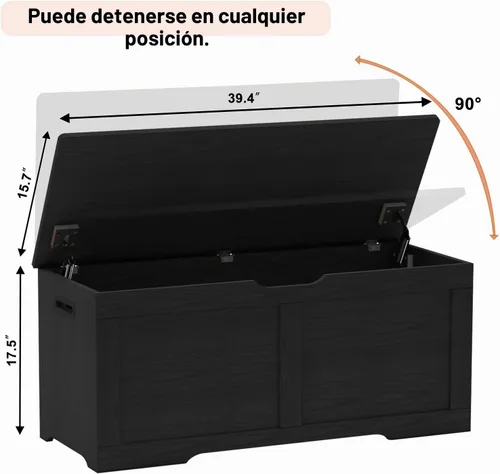 Vista 3 de Timberer - Baúl de almacenamiento de 39.4 pulgadas, banco de almacenamiento de madera, baúl de juguetes con tapa abatible y 2 bisagras de seguridad