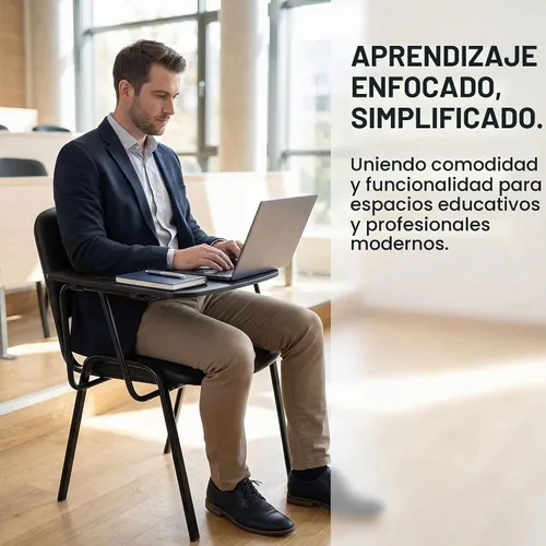Vista 4 de HNY Juego de 5 sillas negras con brazo para tableta, cómodas de poliuretano, para oficina, sala de espera, apilables, sillas de recepción con mesa