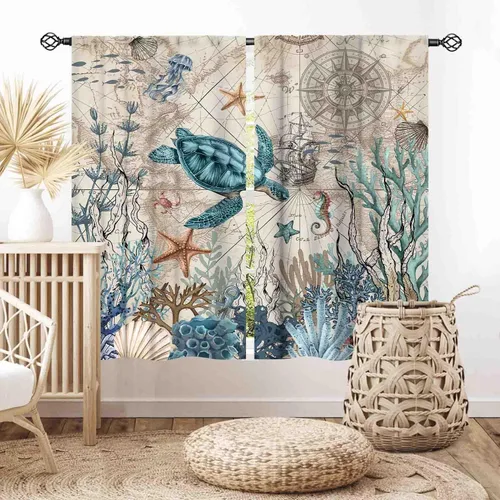 Vista 28 de Cortinas costeras, temática de playa de verano, acuarela, medusas náuticas, estrellas de mar, concha, caballito de mar, azul, opacas, cortinas