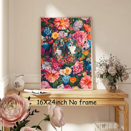 Vista 4 de Arte de pared de bola de discoteca colorida, pintura de flores de discoteca, póster retro de discoteca, imágenes florales coloridas, arte de pared