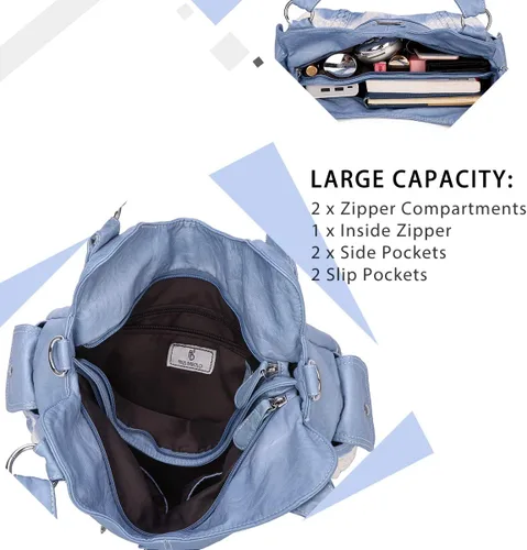 Vista 260 de Angel Barcelo - Bolsa de hombro amplia para mujer, diseño Hobo, cuero lavado