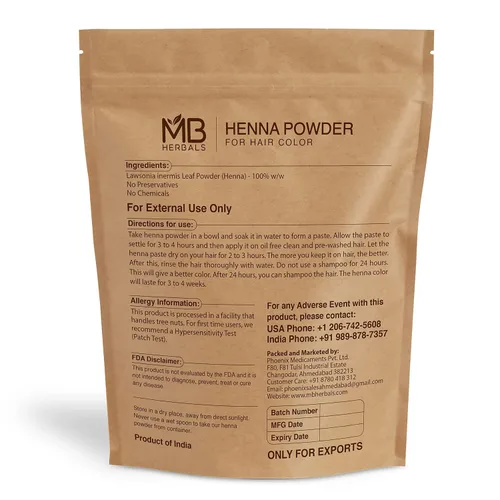 Vista 2 de MB Herbals Polvo de Henna 100% Natural y Pura 454 Gram 16 oz / 1.00 LB Para Color de Cabello Natural Naranja-Rojo Triple Tamiz Crudo No