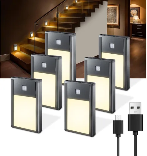 Vista 8 de VST Luces nocturnas con sensor de movimiento, luces de escalera recargables con instalación de succión magnética para interiores, dormitorio