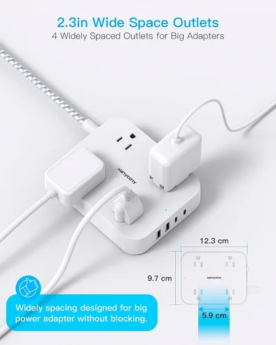 Vista 2 de Cable de Extensión con Enchufe Plano, HANYCONY Regleta de 5 pies con 4 Puertos USB (2 USB C), Extensor de 4 Tomas Amplias, Montaje en Pared