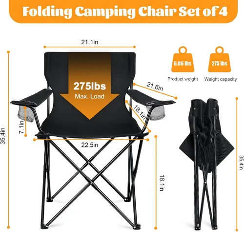 Vista 2 de HaSteeL Paquete de 4 sillas de campamento, sillas plegables de gran tamaño con portavasos para adultos, silla portátil y bolsa de transporte