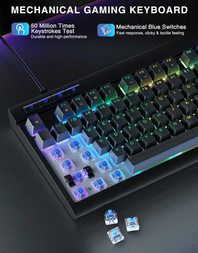 Vista 3 de GOYIGO - Teclado mecánico con interruptores azules clicky, 75% TKL RGB retroiluminado para juegos, teclas completas programables anti-fantasma