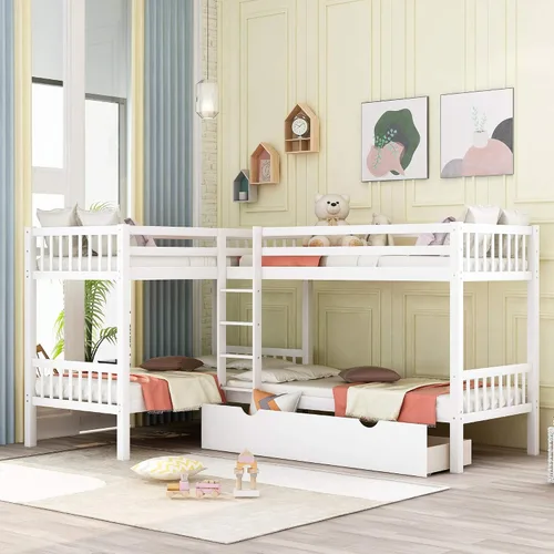 Vista 9 de Harper & Bright Designs Litera en forma de L para cuatro literas, marco de madera de tamaño individual, dos literas con cajones, barandillas Gris
