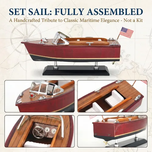 Vista 3 de Modelo de lancha rápida de madera, decoración clásica de barco Runabout de 10 pulgadas Ideal for lake house beach home office bookshelf mantel or