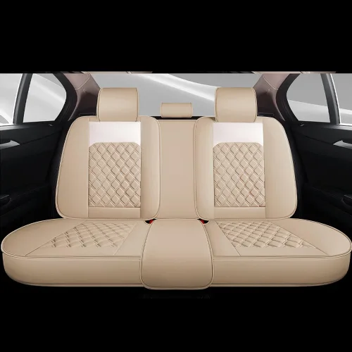 Vista 4 de Juego de fundas para asiento de lindo conejito, 5 piezas con cuero PU impermeable para autos, SUV, camionetas, ajuste universal (Beige)