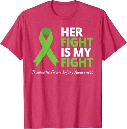 Vista 22 de Camiseta con cinta verde de la conciencia de la TBI, con texto en inglés "Her Fight Is My Fight" Jaspeado Oscuro