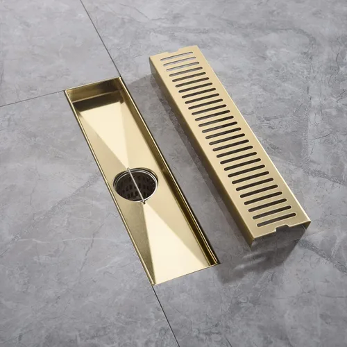 Vista 4 de Desagüe lineal de ducha dorado cepillado de 12 pulgadas, rejilla rectangular extraíble con patrón de cápsula de drenaje de ducha con adaptador