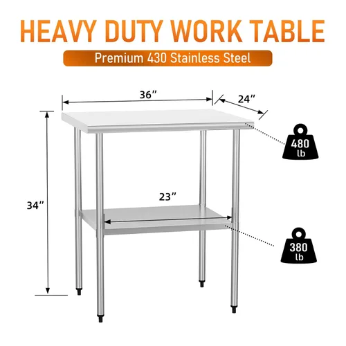Vista 2 de Mesa de preparación y trabajo de acero inoxidable con estante ajustable y salpicadero, isla de cocina con almacenamiento, estaciones de trabajo Mesa