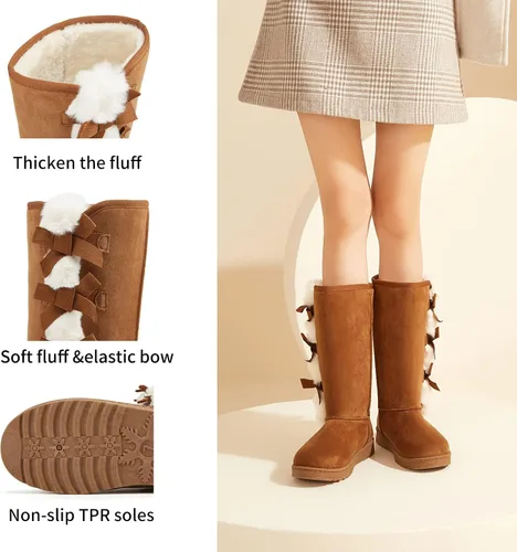 Vista 5 de XRH Botas de invierno para mujer, botas de media pantorrilla, botas de nieve con forro de piel, botas cálidas