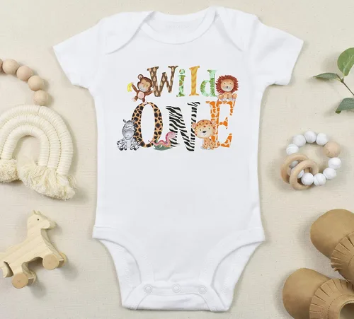 Vista 2 de Wild One - Traje de primer cumpleaños – Body o camisa de animales de zoológico, ropa de fiesta temática de safari para niños y niñas