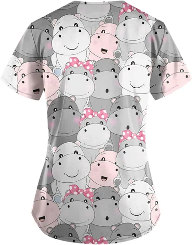 Vista 2 de Uniformes de enfermería con estampado de animales para mujer, manga corta, cuello en V, con bolsillos