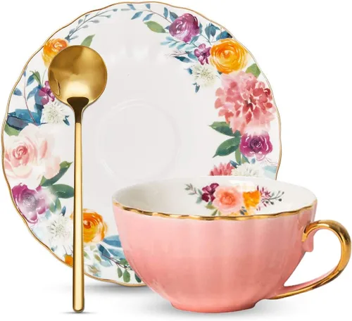 Vista 12 de ONEUSTAR Juego de taza de té y platillo para 1 taza de té floral de porcelana de hueso con cuchara, taza de café de 8 onzas, taza de capuchino latte