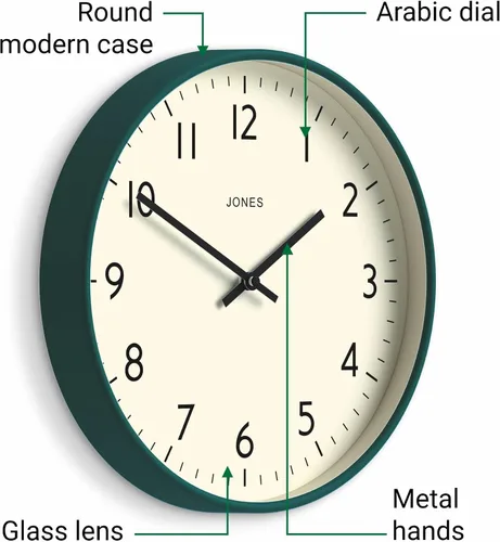 Vista 5 de JONES CLOCKS® Reloj de estudio Reloj de pared redondo moderno 12 Eden Green