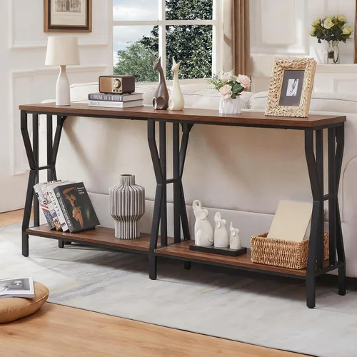 Vista 8 de HOMISSUE Mesa consola de sofá, mesa de sofá extra larga de 70.9 pulgadas con almacenamiento de 2 niveles, mesas de consola estrechas industriales
